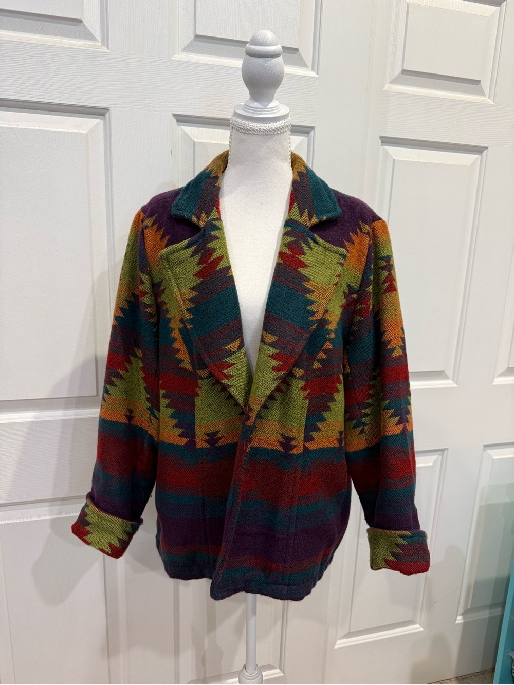 Southwestern Aztec Open Front Jacket Blanket Coat Boho Tribal Shacket - Picture 10 of 12